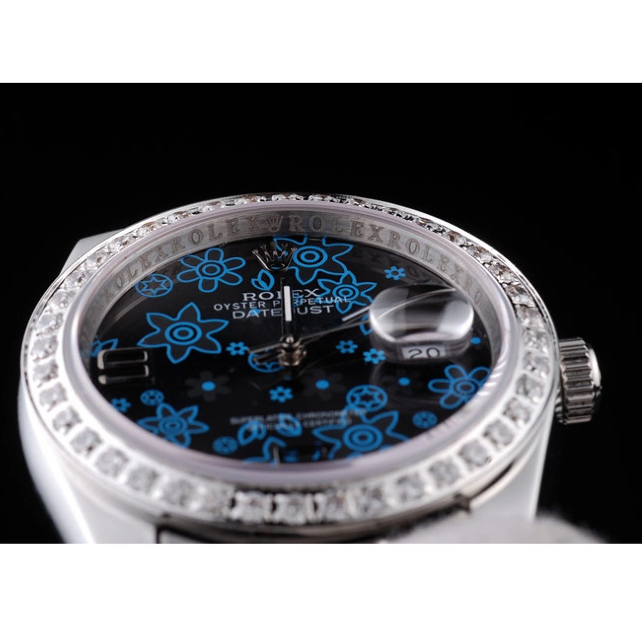 Rolex copies cheap Diamond Rolex Datejust Stainless Steel Plated Flowers Polished Dial Blue Dark 0528